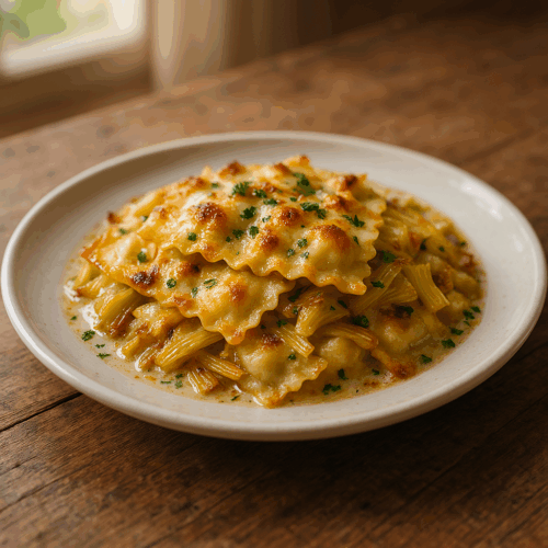 Gratin de ravioles aux poireaux
